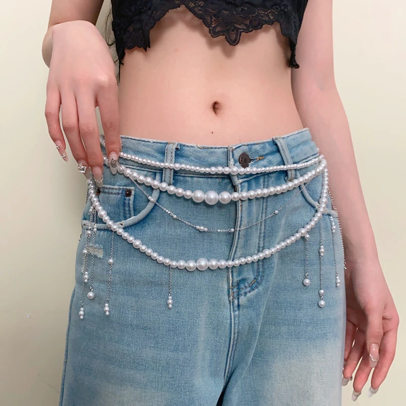 

Trendy Multilayer Pearl Tassel Waist Chain Girls Body chain Waist Belt Party Decorative Chain Belt Sweater Dress Accessories