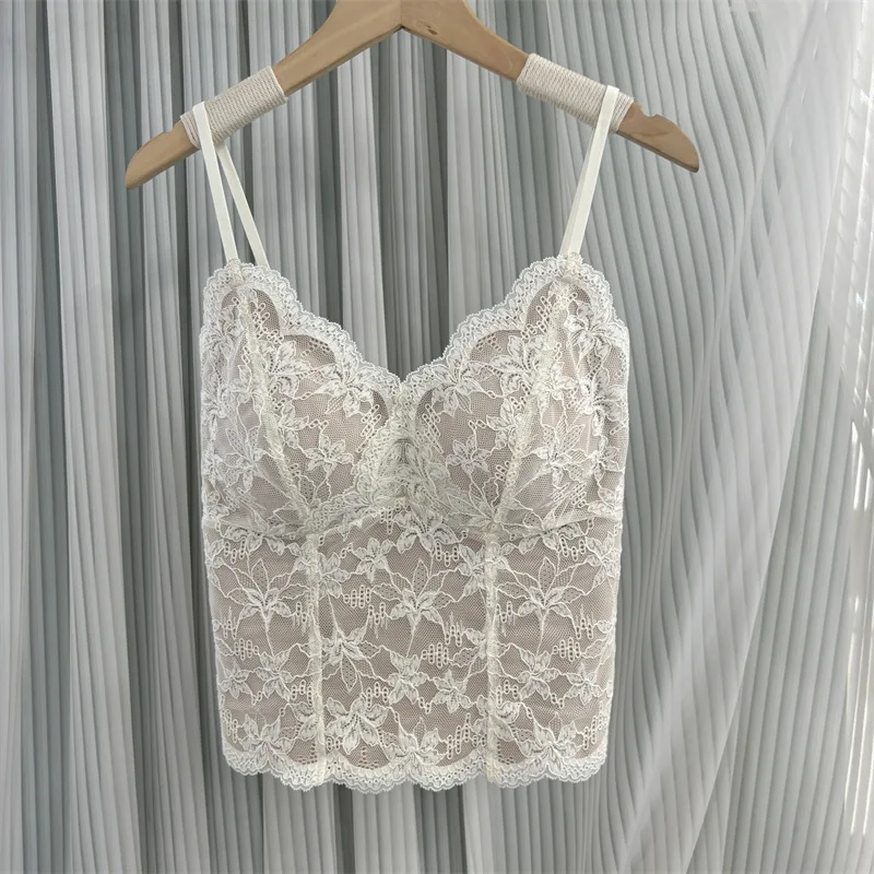 Pack of 2 Slightly Brushed French Camisole Bra, Women Lace Integrated Fixed Cup Side Breast Support Underwear