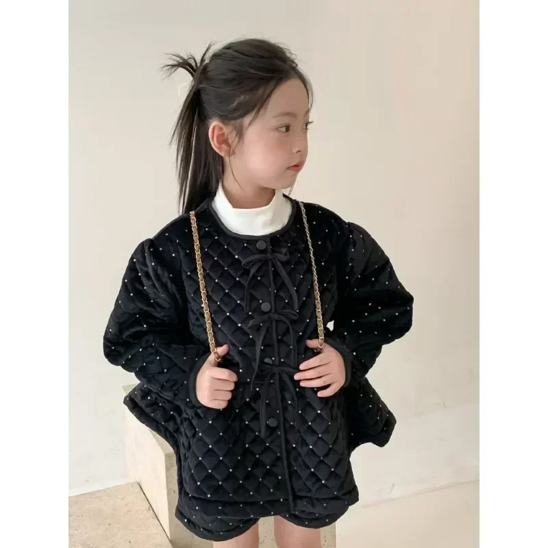 Children Clothing Set Girls Cotton Suit 2023 Winter New Velvet Fashionable Casual Simple Kids Coat Shorts Two Piece Set