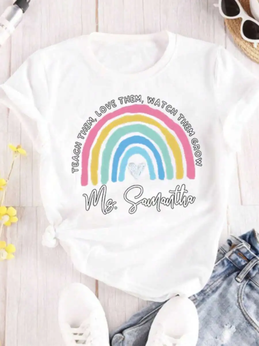 Womens Rainbow Print Crew Neck Tee Teach Them Love Watch Them Grow Teacher Shirt Casual Everyday Top