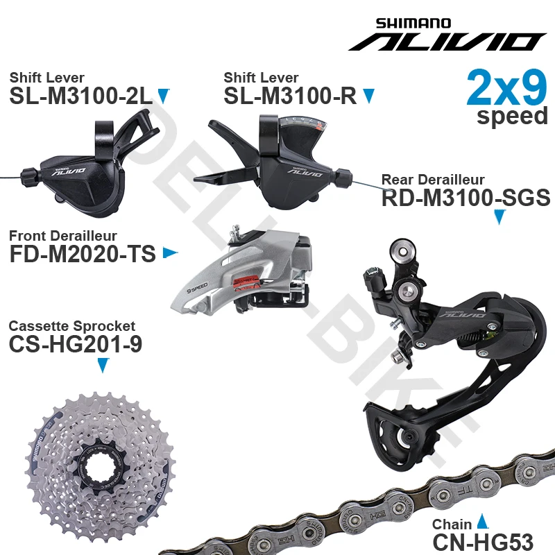 SHIMANO ALIVIO M3100 2x9 speed Groupset with Shifter REAR and M2020 Front  DERAILLEUR HG200 HG201 Cassette Sprocket COG Chains