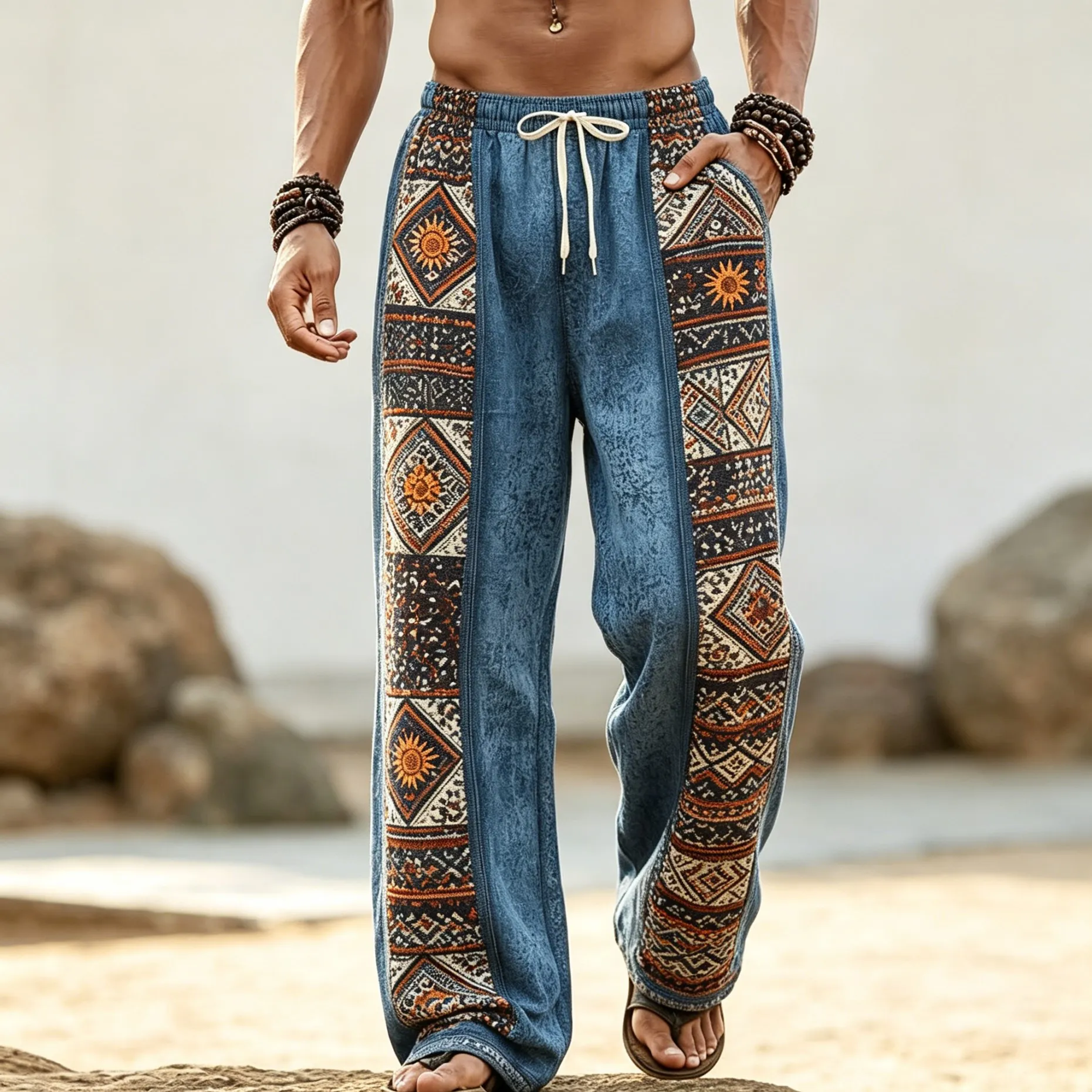 Herrenhose im Boho-Stil mit Tribal-Geo-Patchwork-Print und Kordelzug, lässige, lockere Hose für Frühling, Sommer, Strand und Alltag. – Detail 3