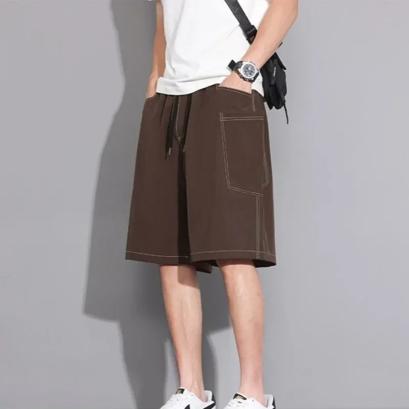 مع سلسلة رسم جيوب صلبة برمودا شورت رجالي البضائع كبير الحجم نصف فضفاض واسع فضفاض كبير الحجم مرونة الخصر طويل شعبي طويل القامة