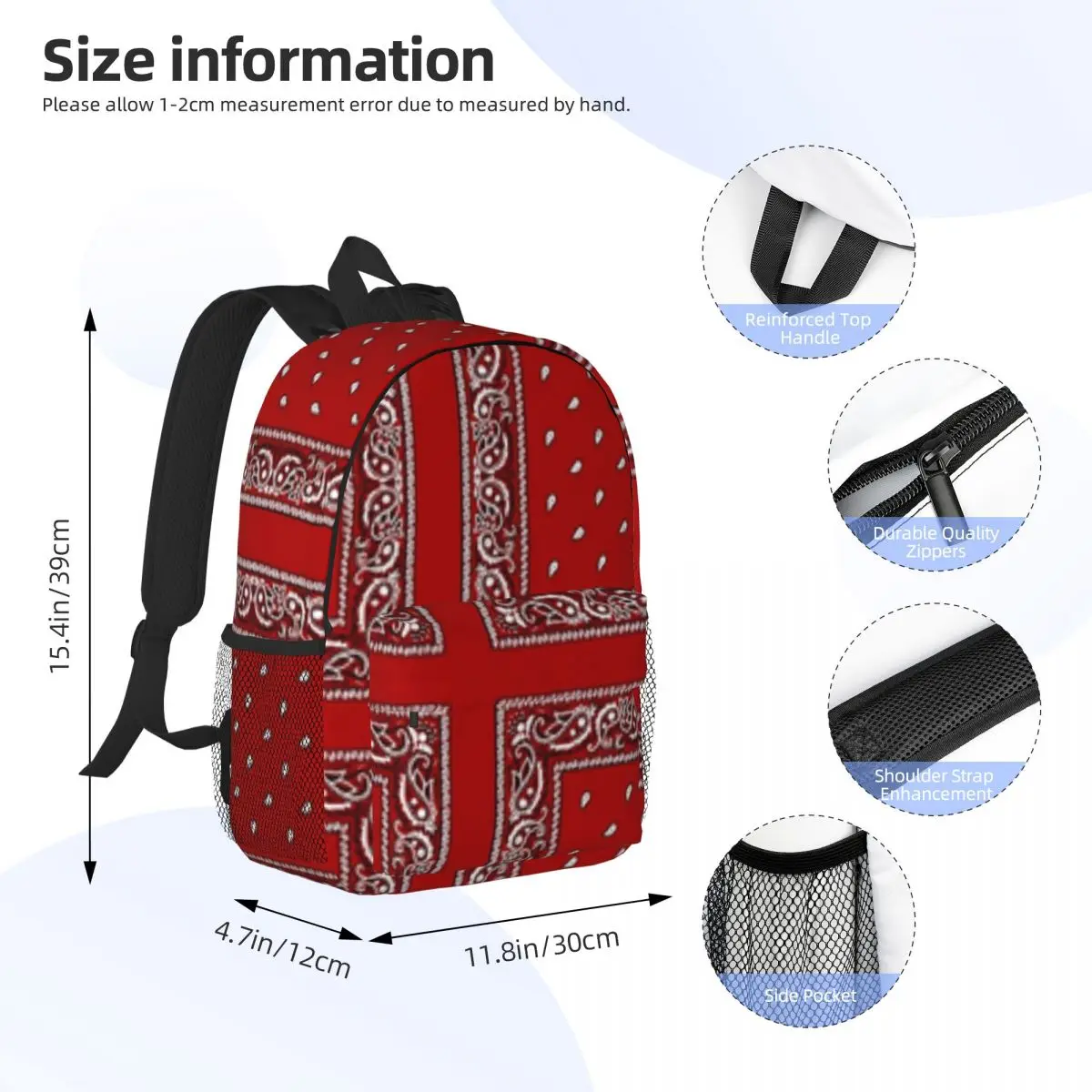 Red Bandana New Fashion High Capacity Waterproof College Backpack Trendy Laptop Travel Book Bag 15inch