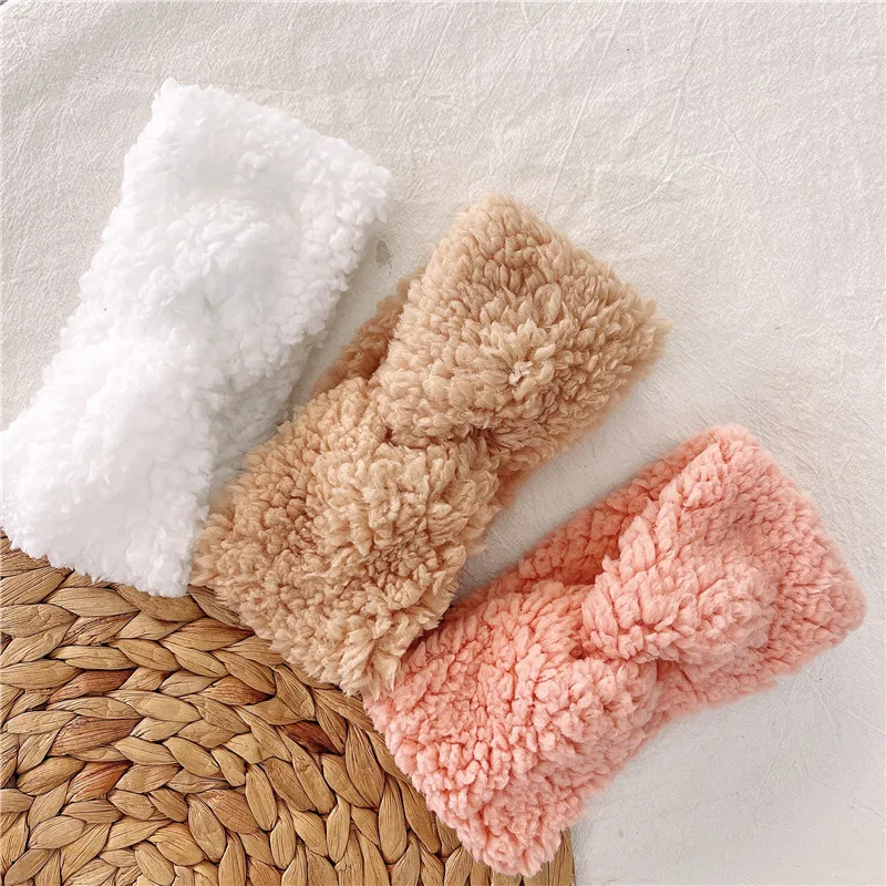 Winter Warm Coral Fleece Baby Headband Solid Color Cross Knot Lamb Wool Hairbands Kids Elastic Hair Band Infant Toddler Headwear