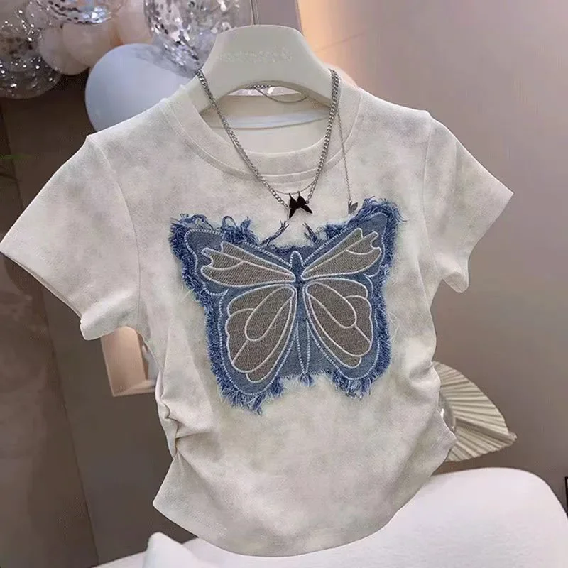 Girls Clothing Sets Summer Personalized Ragged Fabric Splicing Embroidered Short sleeved Top+Children\'s Casual Denim Skirt Suits