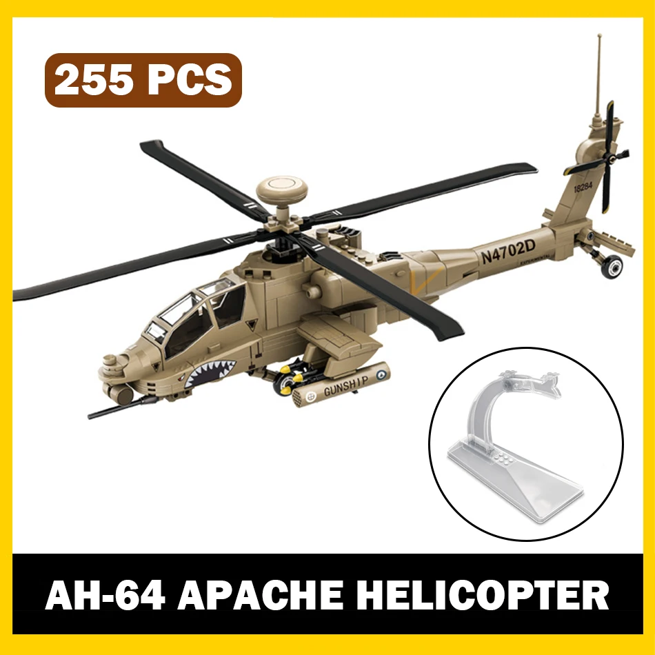 

MOC US Army Military WW2 Air Force AH-64 Apache Gunships Model Building Blocks Helicopters Display Base Bricks Toy for Kids Gift