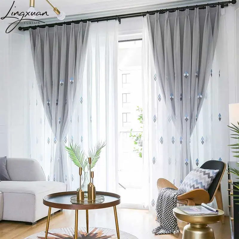 Embroidered Tulle Curtains For The Living Room Korean Pastoral Sheer Curtain For Bedroom Geometric Diamond Lattice Blinds Drapes