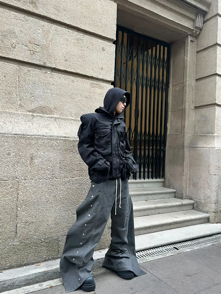 Gewassen oud vuil geverfd profiel dubbele rij knopen grijze rechte wijde pijpen werkkleding denim broek losse heren