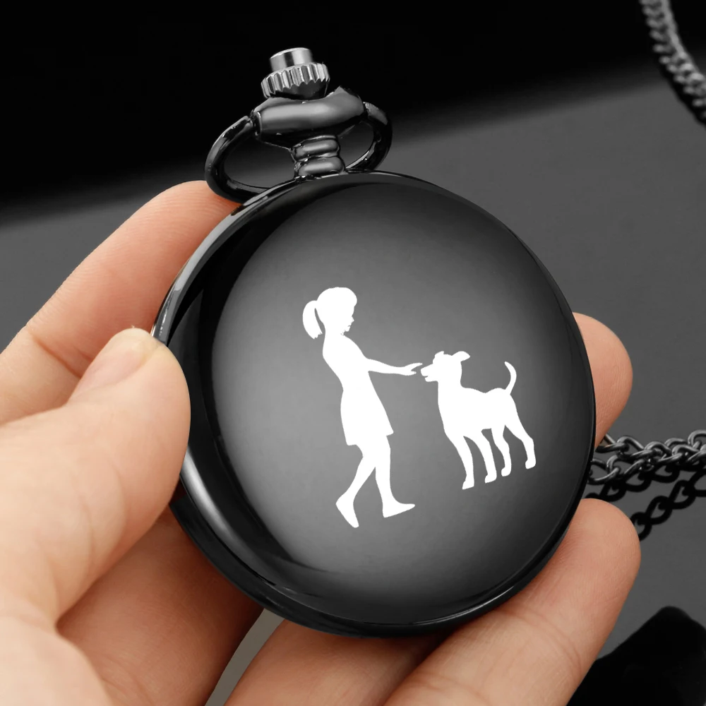 The little girl and dog warm style design carving english alphabet face pocket watch a chain Black quartz watch perfect gift