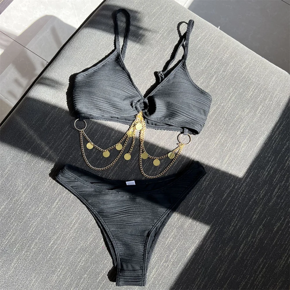 

Sexy Metal Chains Bikini Wrinkled Swimsuit Women Beachwear Y2K Outfits Vacation Swimwears Bathing Swimming Suit Biquini Feminino