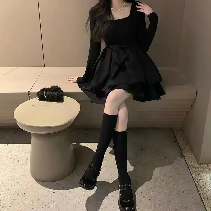 Spring New Women's Square Neck Slim Waist Fluffy Princess Skirt Niche Fluffy Skirt A-Line High Waist Solid Color Dress