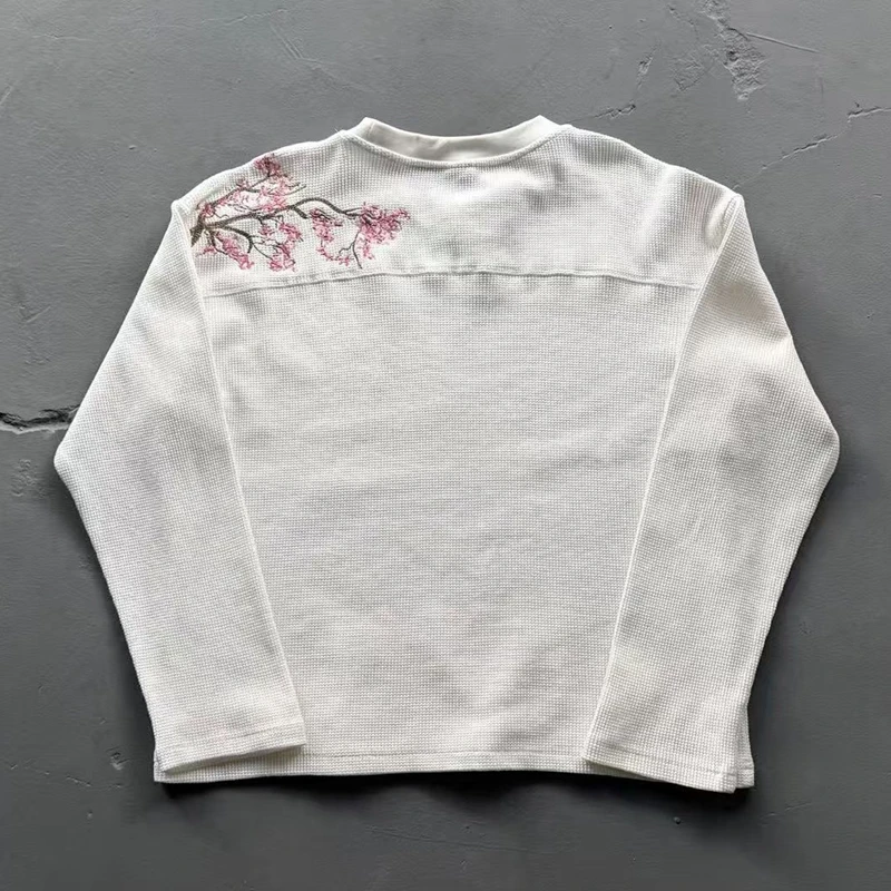 Übergroßer Waffelstrick-Pullover für Herren, Retro-Stickerei, Grafik, Rundhalsausschnitt, Langarm-T-Shirt, Baggy Streetwear, Lässiger Pullover – Detail 5