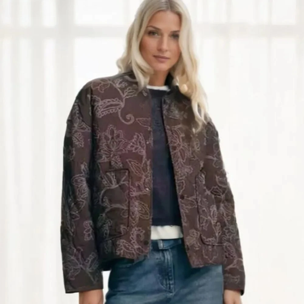

Autumn Winter O neck Floral Print Quilted Coat Retro Women Front Pocket Quilting Full Sleeve Loose Warm Jacket Black Brown