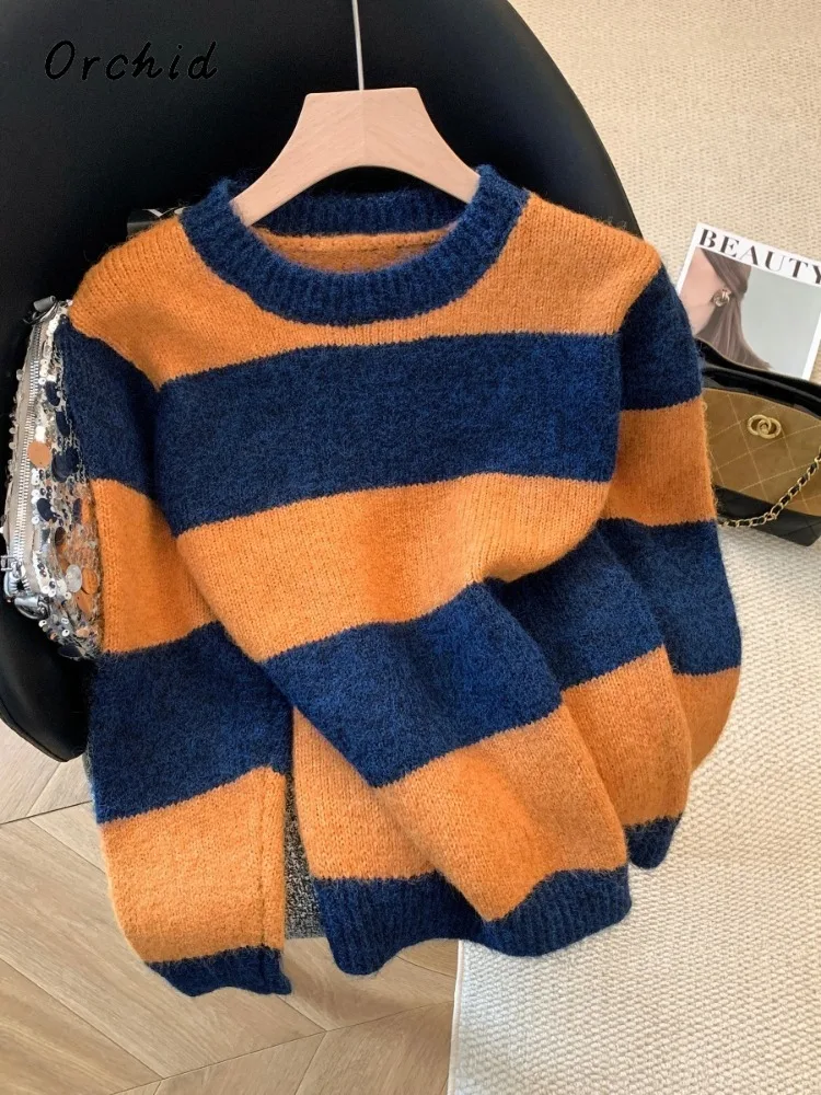 

Women's Retro Striped Knitting Long Sleeve Casual Pullovers 2025 Winter Fashion Round Neck Ladies Loose Vintage Sweater Top