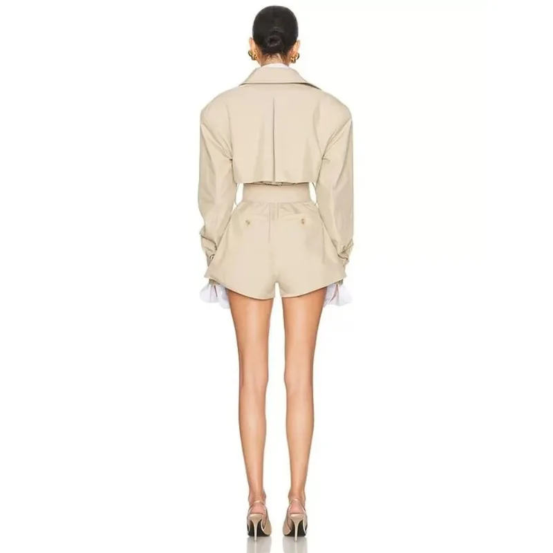 Damski dwurzędowy kombinezon szorty zimowy seksowny z klapami, długi rękaw, kurtka-kombinezon z paskiem, elegancki na wieczorne przyjęcie, wybieg