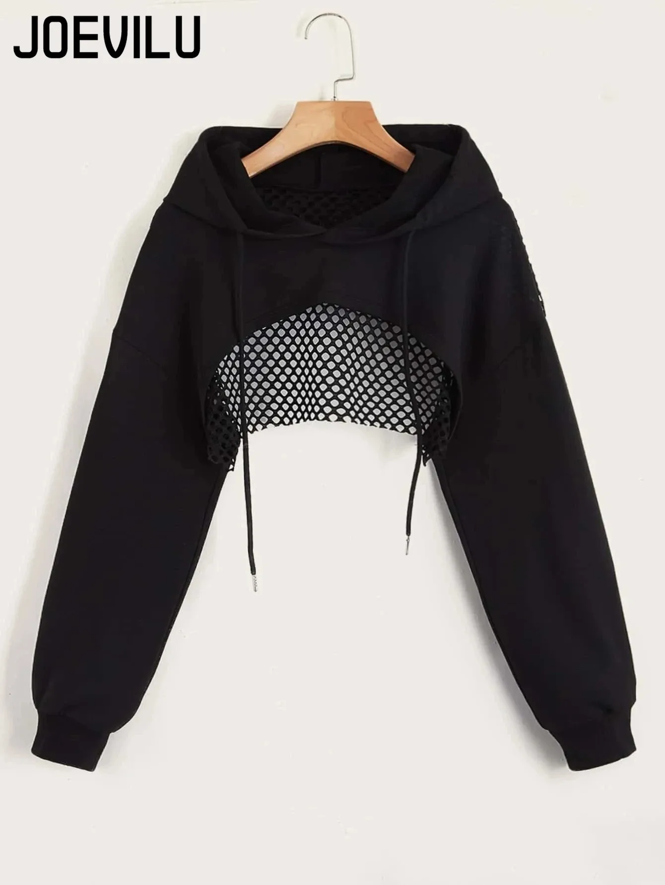 JOEVILU Women's Cropped Mesh Back Hooded Pullovers Summer Y2K Sexy Long Sleeve Tops High Waist Crop Tee Fashion Trend Clothes