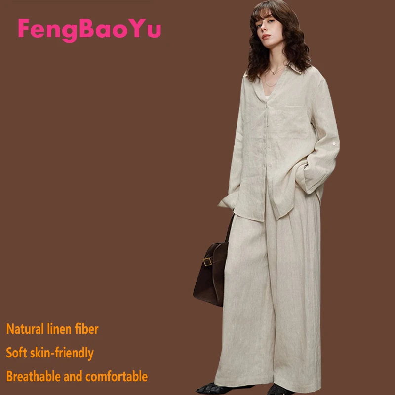 

100% Natural Linen Women's Suit White Long-sleeved Shirt and Wide-leg Pants 2 Pieces Loose and Large Size Comfortable and Cool