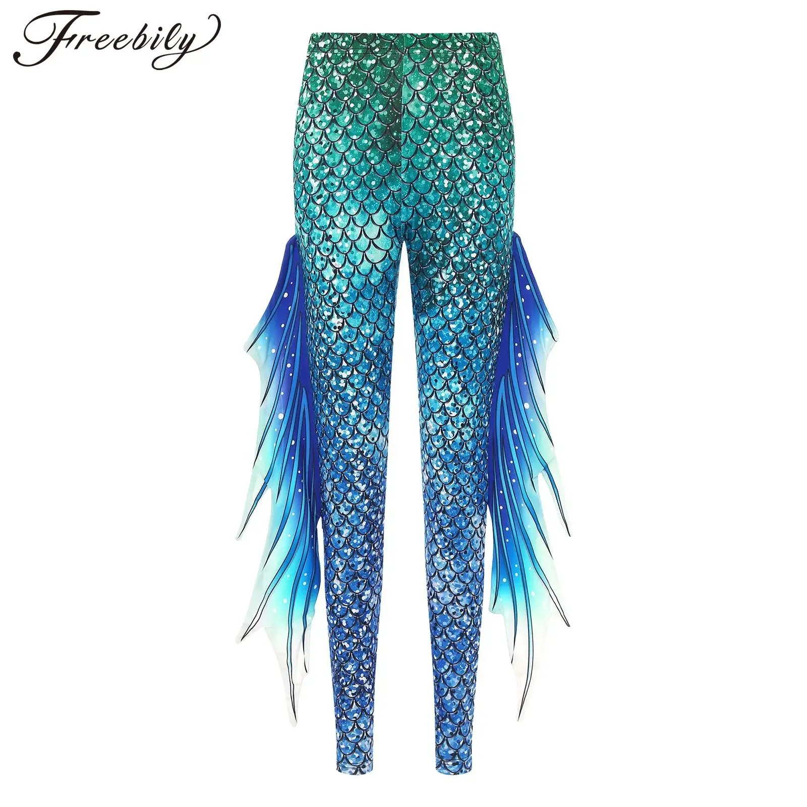 Women Fashion Fish Scale Print Pants Halloween Carnival Mermaid Cosplay Costume High Waist Pencil Trousers Yoga Fitness Leggings