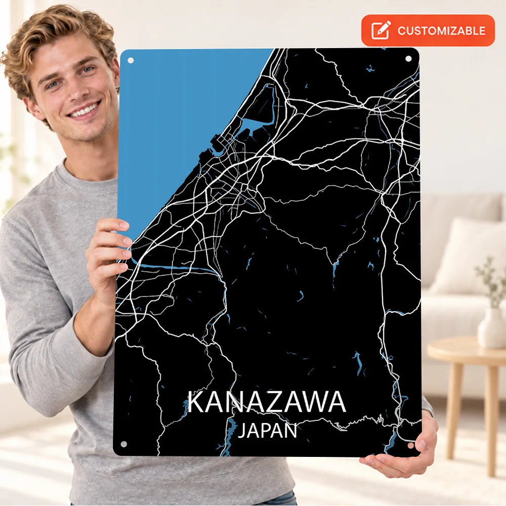 Kanazawa Japan Map Aluminum Poster Retro Bold Contemporary Illustration Home Office Wall Art Customized Metal Sign Unique Gift