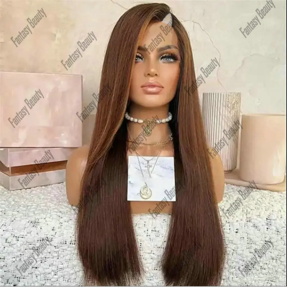 

V Part Wigs Human Hair Natural Silky Straight 180% Glueless 26Inch Brown Women With Baby Hair U Part Wigs Remy Indian Human Hair