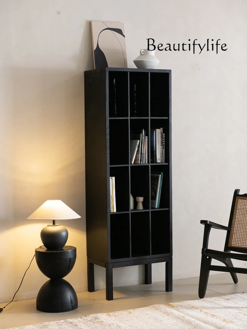 Solid Wood Bookcase Living Room Side Cabinet Multi-Grid Bookshelf Floor Study Locker Integrated