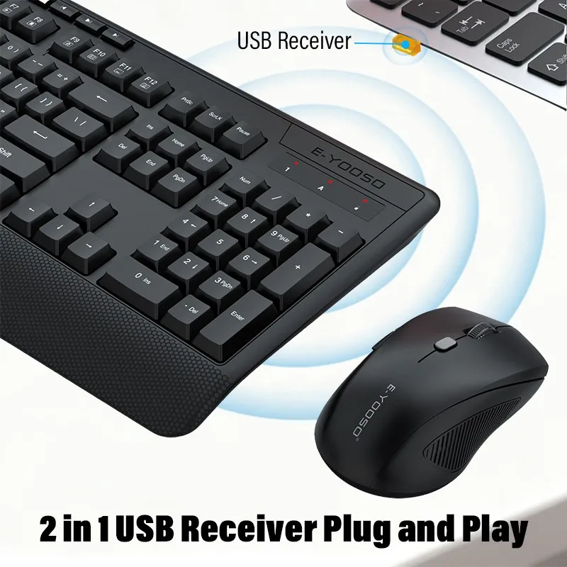 2.4G Wireless Keyboard and Mouse Combo Silent Full Size Keyboard with Wrist Rest Spill-proof Adjustable DPI Mouse for PC Laptop
