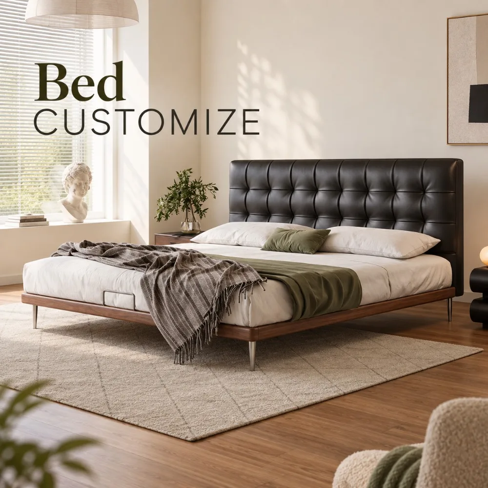Genuine Leather Master Bed,Slim Headboard Solid Wood Double High Box Storage Bed With Drawer For Small Apartment Wedding Bedroom