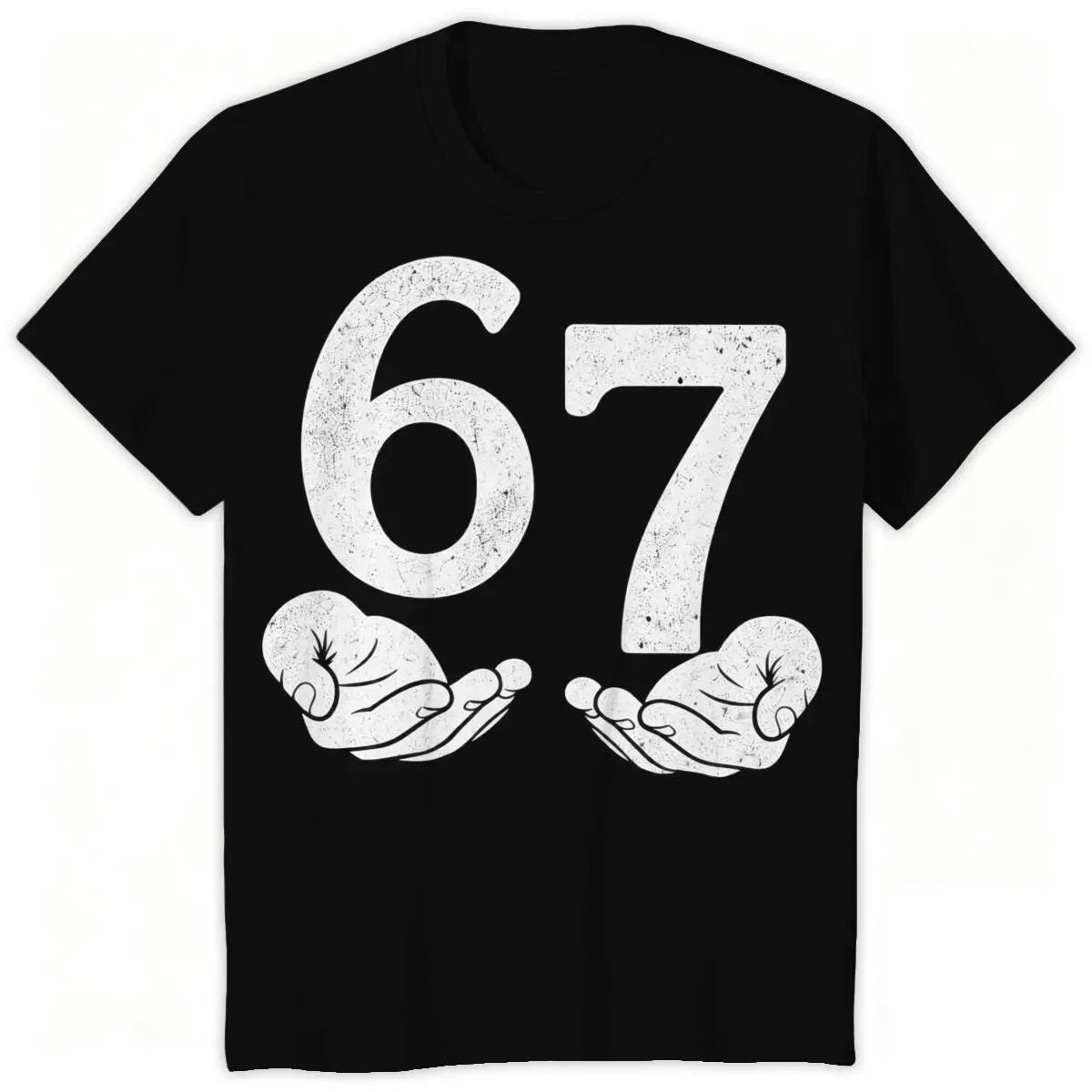 67 Meme T-Shirt, Distressed Number 67 with Shrug Hand Gesture Graphic Tee for Men Women Teens