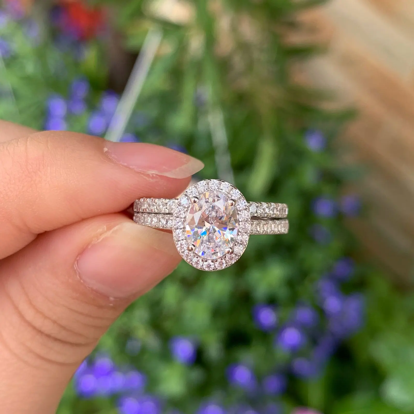 Newshe 925 Sterling Silver Wedding Rings Set for Bride 3.2Ct Halo Oval Cut AAAAA Cubic Zircon Fine Jewelry
