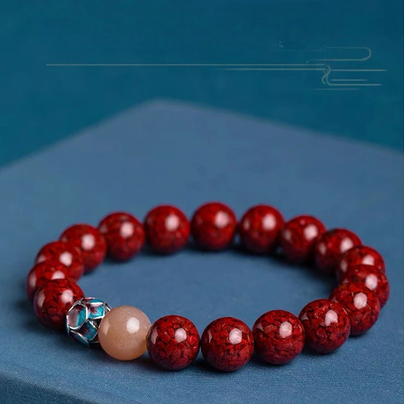 Natural Crystal Sand Cinnabar Round Bead Bracelet, Chinese Style Lucky Amulet Hand String, Healing Gemstone Jewelry Gift