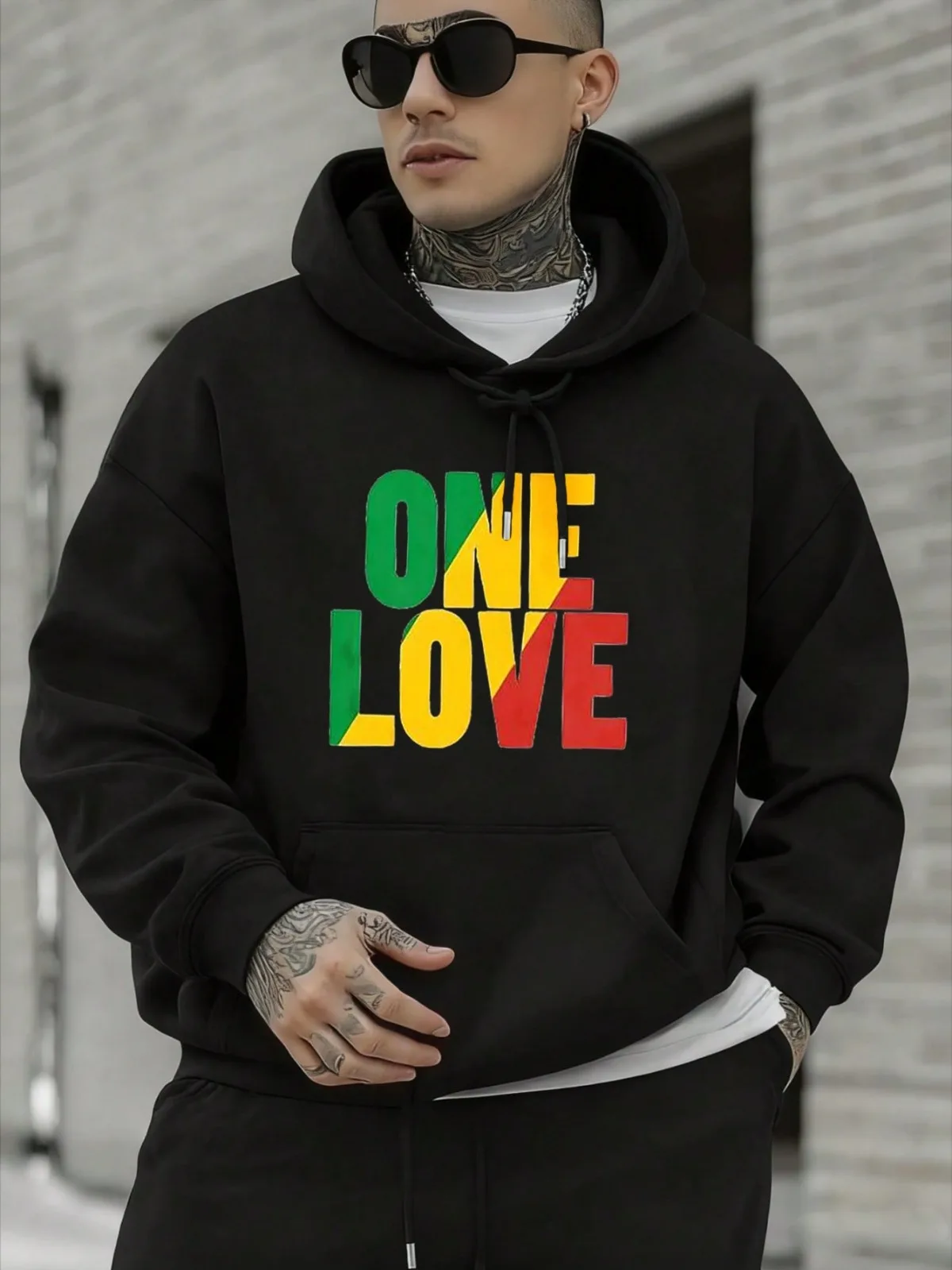 Men's Hoodies Pullover Casual Sweatshirts With Pockets Loose Fit Drawstring Design Hoody One Love Rasta Colors Print Design