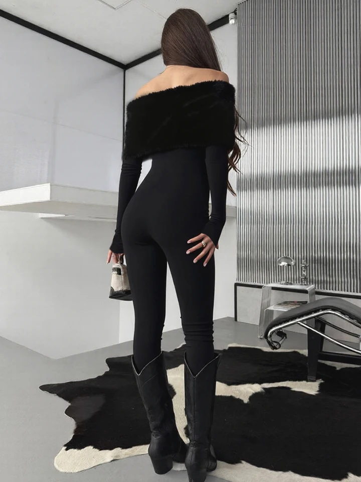 Sisterlinda Women Furry Patchwork Jumpsuit Hipster Slash Neck Full