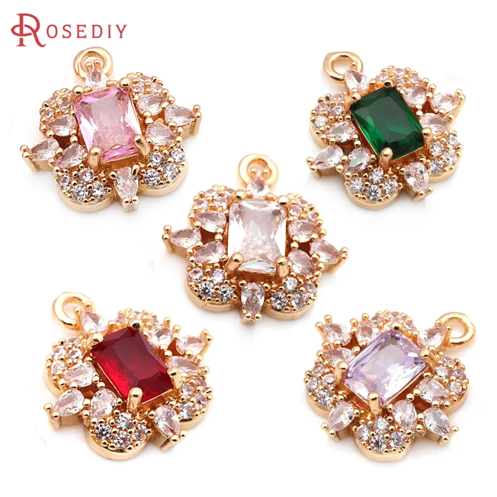 4PCS 18K Gold Color Brass and Zircon Square Charms Pendants High Quality Diy Jewelry Making Supplies Necklace Earrings for Women