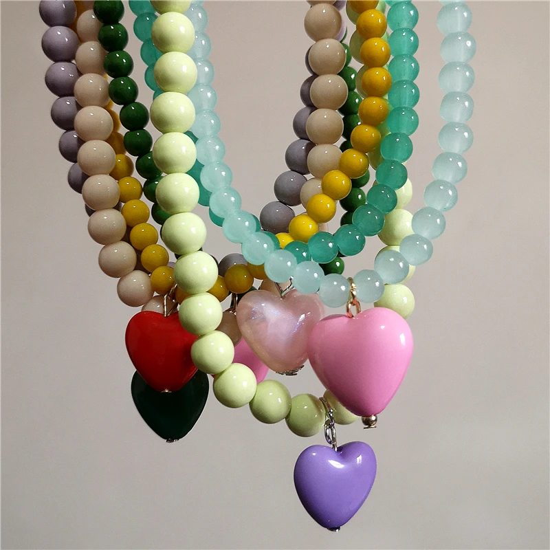 2025 New Color Beaded Chain Resin Heart Pendant Necklace For Women Girls Trendy Clavicle Chain Delicate Jewelry Gift