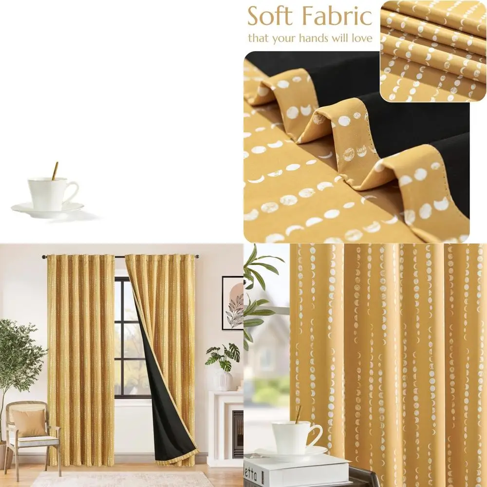 Rideaux Boho moutarde 84 longs avec phases de lune, occultants 95%, isolation thermique, poche pour tringle, ensemble de 2 panneaux pour chambre/enfant