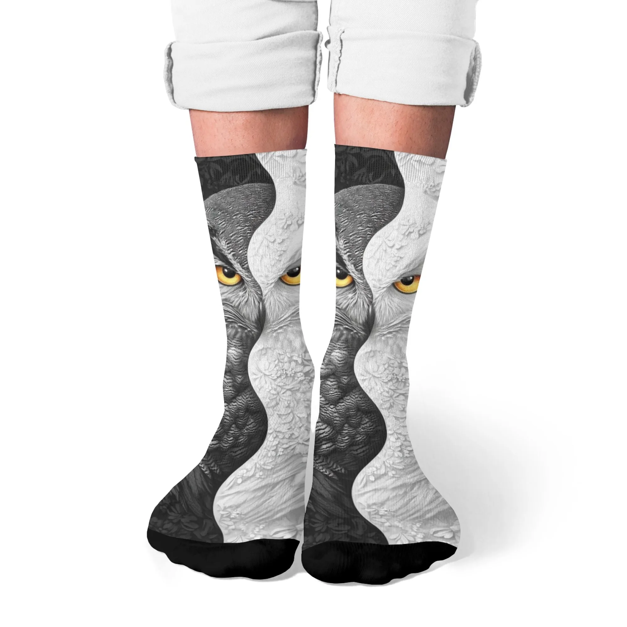 흑백 올빼미 남성용 양말 창의적인 예술 디자인 참신하고 재미있는 해피 크루 양말 하라주쿠 레트로 캐주얼 패션 스포츠 양말