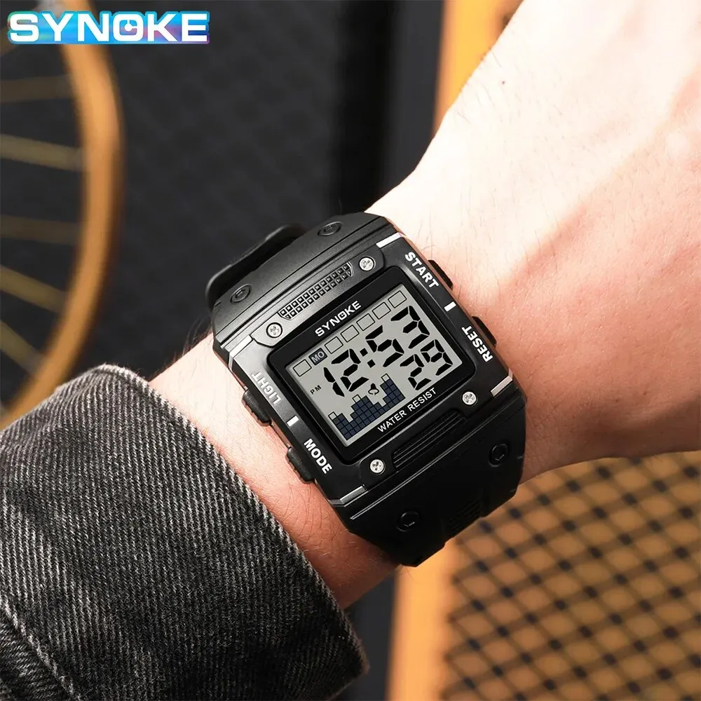 SYNOKE Digital Watch Men Sports Electronic Watch Waterproof Night Glow Large Screen Square Student Watch Outdoor Running Camping