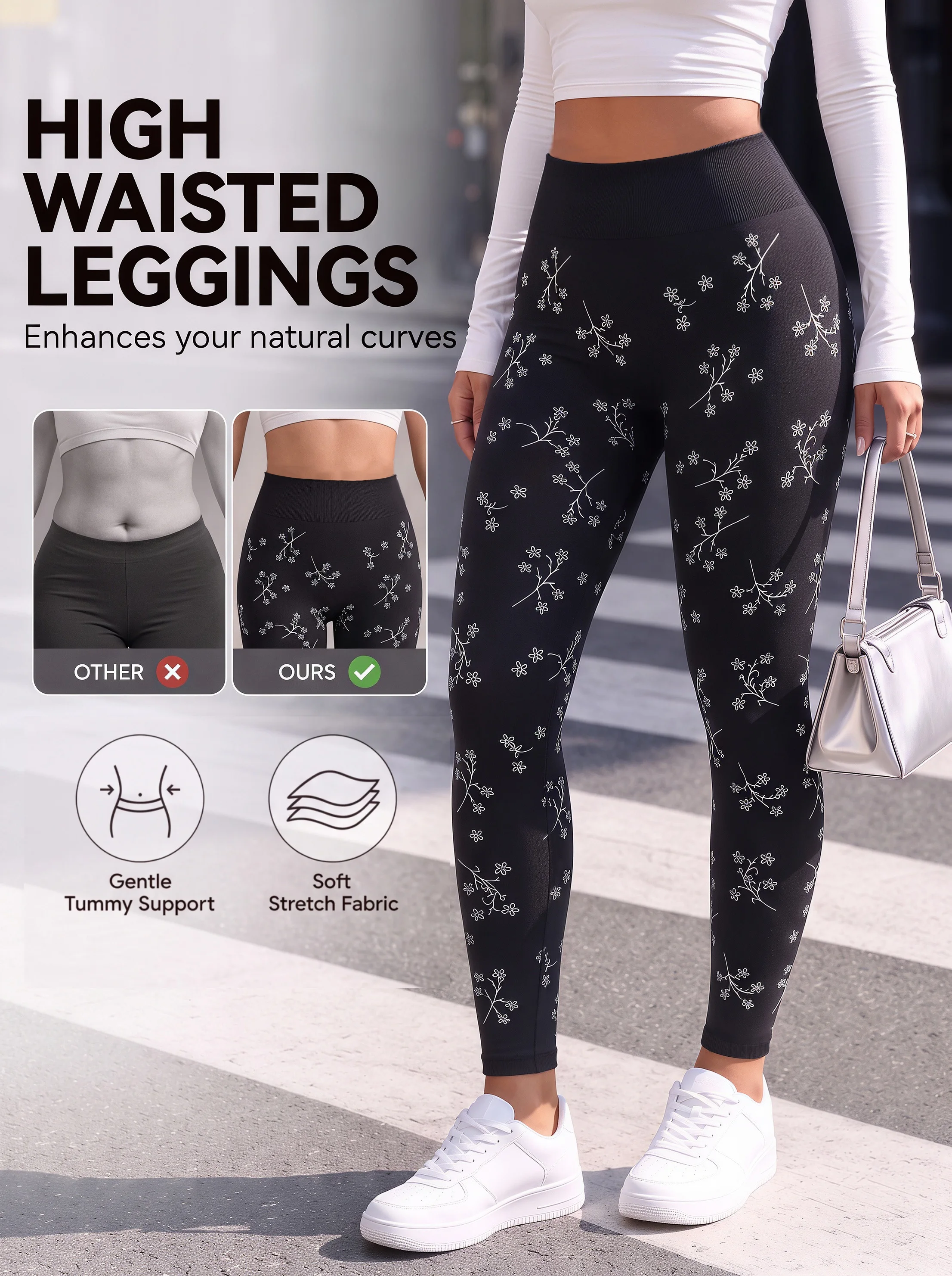 Women’s Seamless High Waist Delicate White Floral Branch Print Leggings Smooth Stretchy Casual Pants for Gatherings Shopping