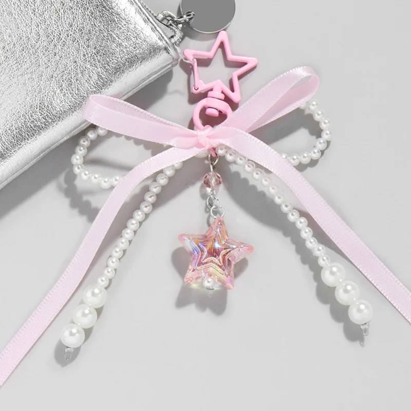 Y2K Sweet Ribbon Bowknot Pearls Bag Pendant Keychain Charm Heart Beaded Keyring Elegant Key Chain Phone Key Bag Hangings