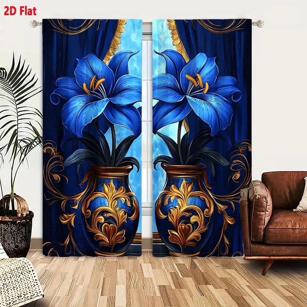 2Pcs Curtains 2D Flat Symmetrical Royal Blue Vases With Gold Filigree And Lilies Before Window Window Drapes for Bedroom Room De