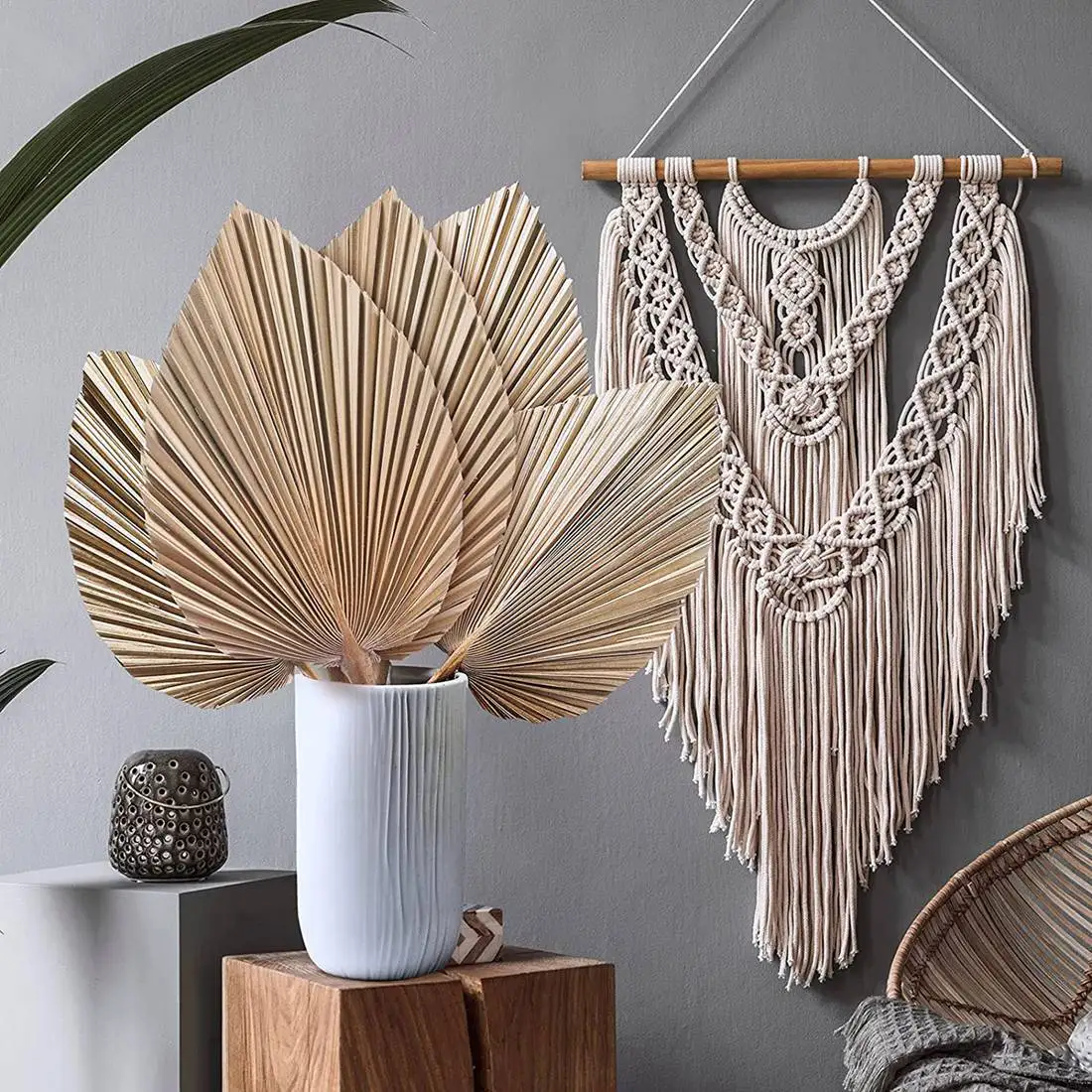 AFOURT-5Pcs Natural Dried Palm Leaves Tropical Dried Palm Fans Boho Dry Leaves Decor For Home Kitchen Wedding