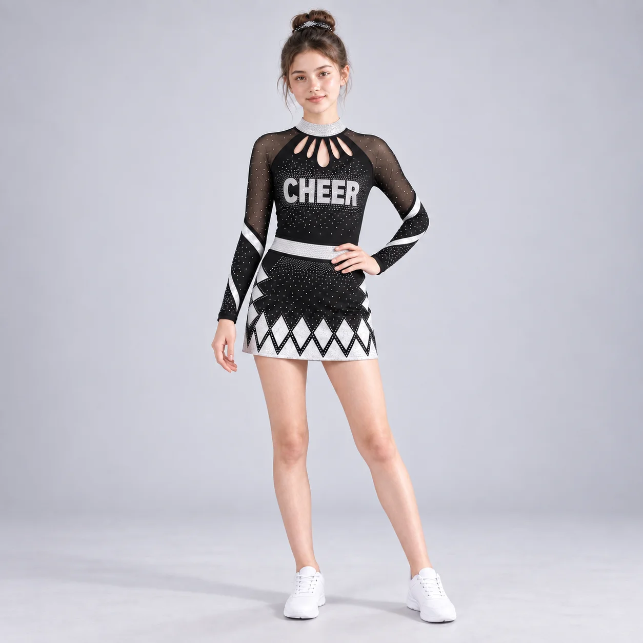 Girls Black Silver Crystal Cheer Dress Long Sleeve Sheer Mesh Keyhole Neck Rhinestone Skirt Youth Dance Competition Uniform Set