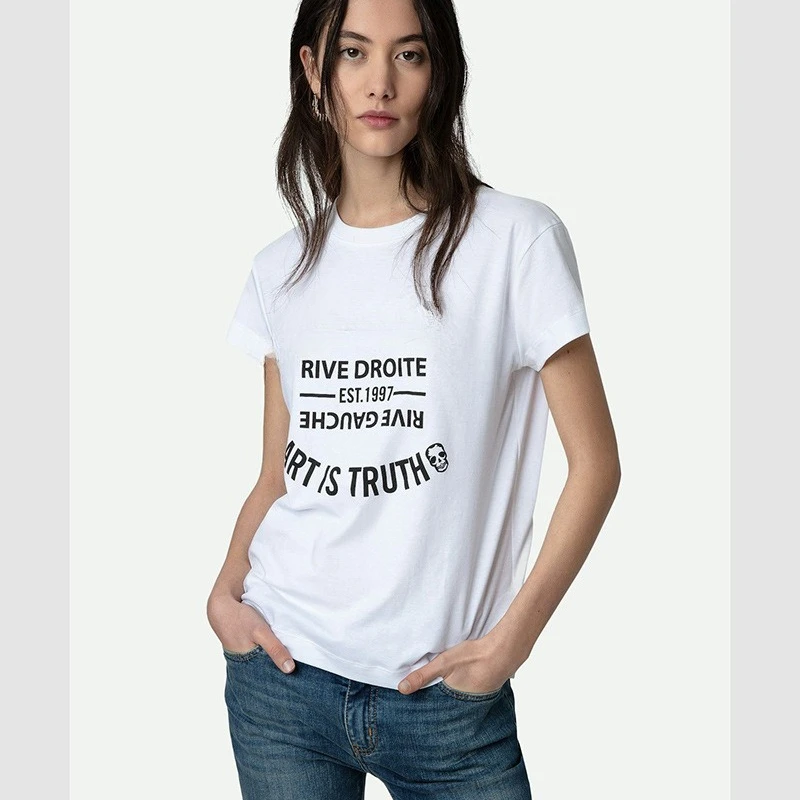 

25 Summer New French Niche Classic Letter Print Hem Split Cotton Women's Short-sleeved T-shirt