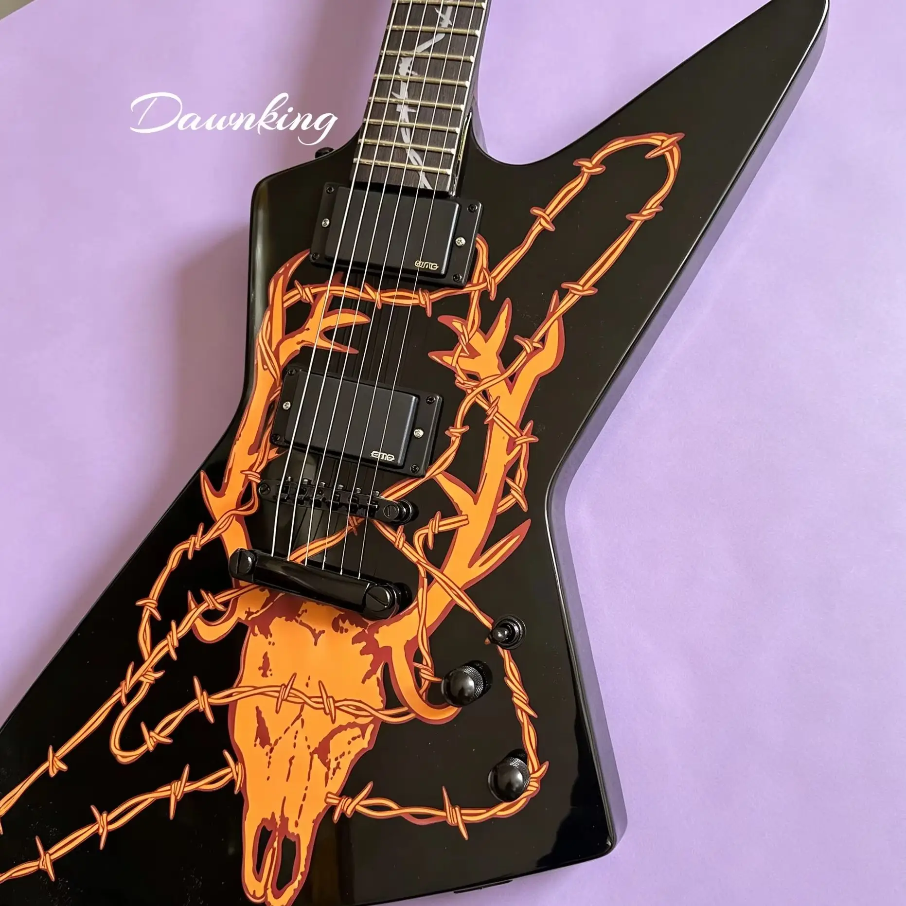 

US warehouse Black Electric Guitar With Orange Skull Barbed Wire Graphic Mahogany Body EMG Pickups Fixed Bridge Metal Guitar Free Shipping