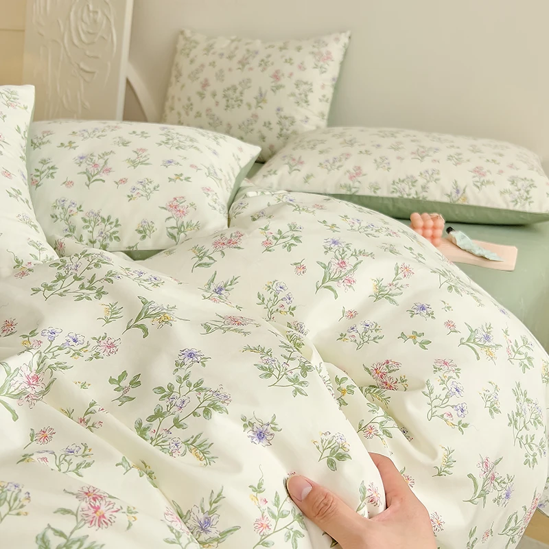 100%Cotton Single Duvet Cover Fresh Pastoral Small Floral Print Skin-friendly Quilt Cover for Bedroom All Season Use with Zipper