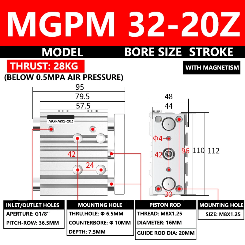 ABILKEEN MGPM Series Pneumatic Compact Guide Cylinder MGPM32-20Z 32MM Bore X 20MM Stroke Thin Three Axis Three Rod Air Cylinder
