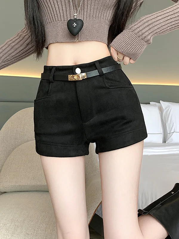Kaki Color Deer Skin Velvet Suit Shorts Women's Autumn Winter Style Hot Girl Slim A-Line Casual Boot Pants Wide Leg Hot Shorts