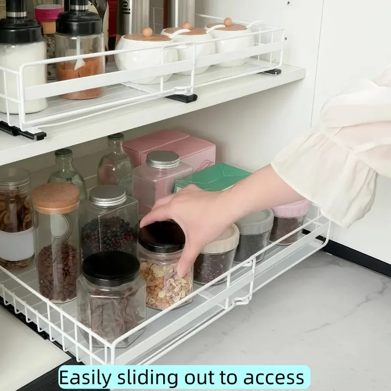 2pc Pull Out Cabinet Organiser with Adhesive Nano Film, Heavy Duty Pull Out Shelf Kitchen Storage Drawer, Sliding Mesh Cabinet