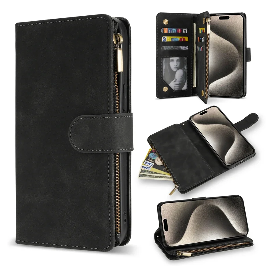 ZZXX Brieftasche Multi-karte Zipper Ständer Magnetische Flip Leder Fall Für iPhone Air 17 Pro Max 16e 15 14 Plus 13 Mini 12 11 SE2 XR 8 7 5